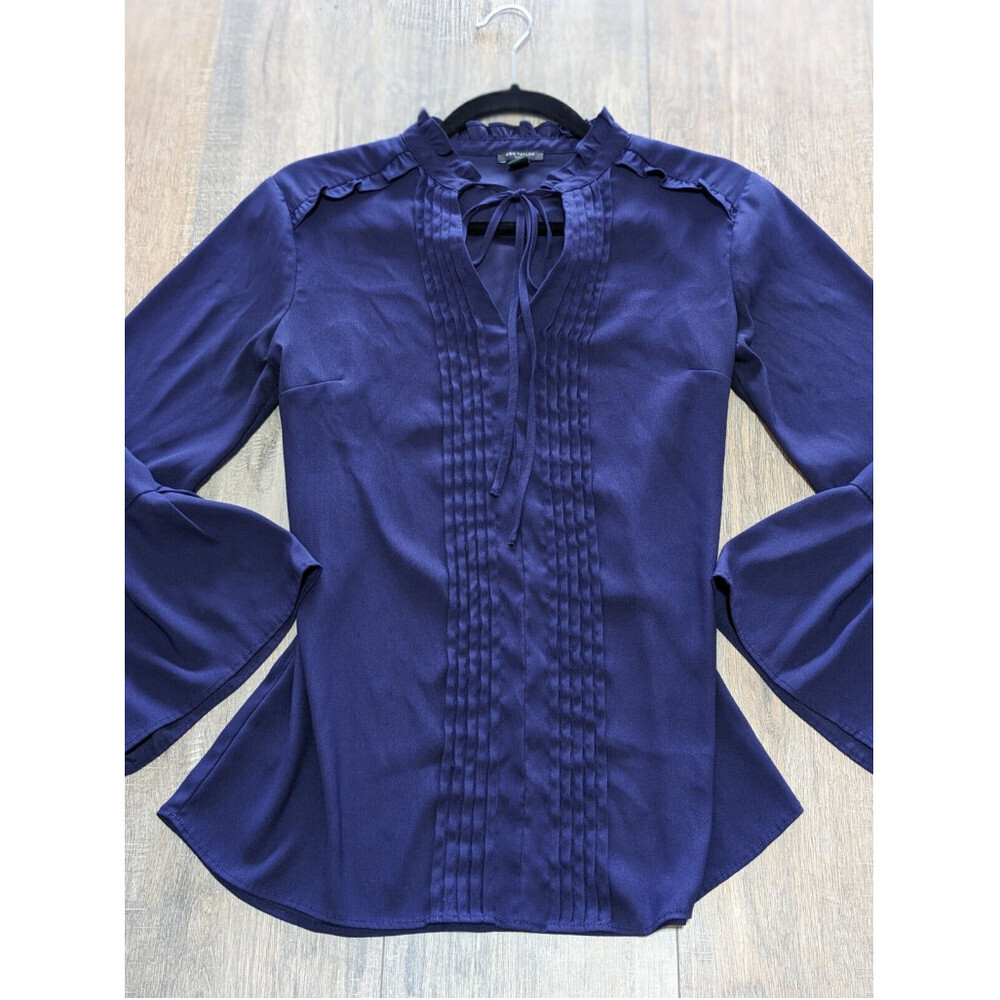 Ann Taylor Top Womens Small Petite Blue Long Flare Sleeve Pleated BOHO Work - Picture 8 of 9
